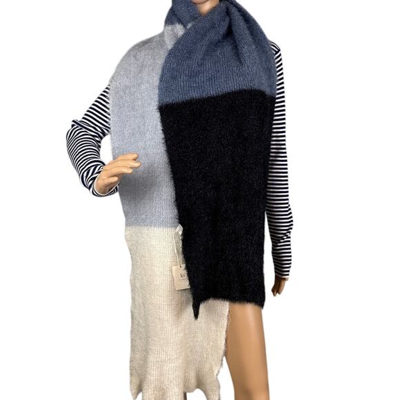 Fadivo Blanket Scarf Blue Black Cream Colorblock  Eyelash Fringe 80' x 13' NWT - Picture 2 of 5